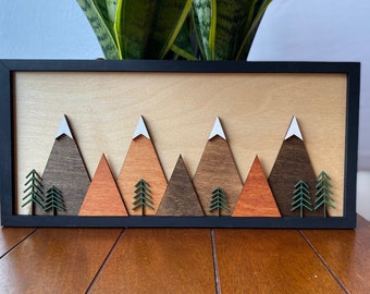 Wood Mountain Scene, Mountain Scape, Wooden Forest, Mountains with Snow, PNW Mountains, Snow Peaks, Mountain Gift, Outdoors Sign, Cabin Sign