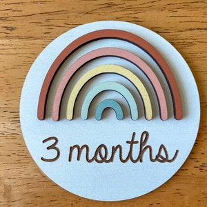 May include: A light blue wooden circle with a rainbow made of layered wooden arcs in shades of brown, pink, yellow, and blue. The text "3 months" is engraved below the rainbow.