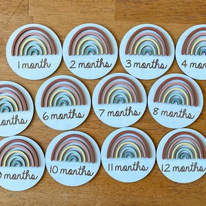 May include: Twelve wooden rainbow-themed baby milestone discs with white backgrounds. Each disc features a rainbow with different colored stripes and a number from 1 to 12, indicating the month of the baby's age.