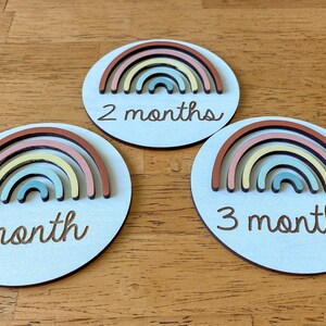 May include: Three round wooden baby milestone markers with rainbow designs. Each marker features a different number of months: 1 month, 2 months, and 3 months.