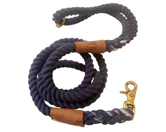 BULPET Eco Friendly Organic Cotton Durable Dog Dark Blue Rope Leash with Brown Leather and Gold Brass Hardware/ 5 and a half ft/ All Dogs