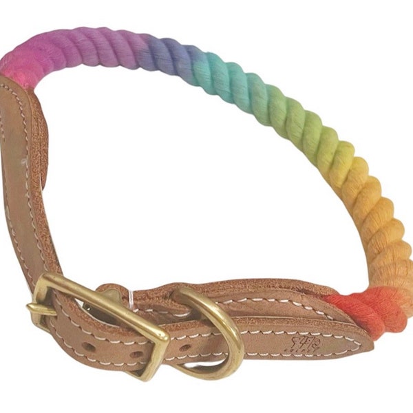 BULPET Eco Friendly Organic Cotton Durable Dog or Cat Ombre Rainbow Rope Collar with  Leather and Gold Brass Hardware/ All Dogs