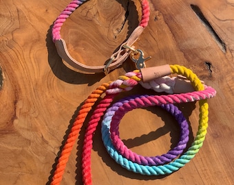 Handmade Rainbow Ombre Cotton Rope Dog Collar and Leash Set