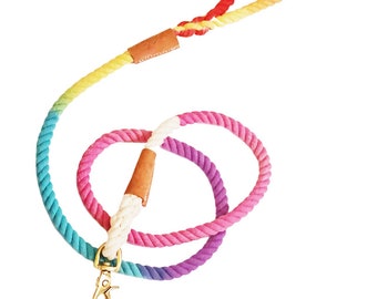 BULPET Eco Friendly Organic Cotton Durable Dog Ombre Rainbow Rope Leash with Brown Leather and Gold Brass Hardware / All Dogs