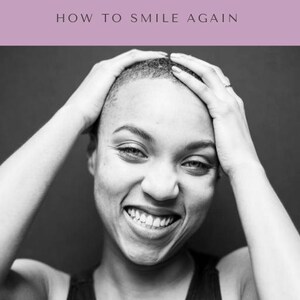 May include: Black and white photo of a person with a shaved head smiling. The person is wearing a black tank top and has their hands on their head. The text "OVERCOMING DEPRESSION HOW TO SMILE AGAIN" is at the top of the image. The text "@DShae Dunlap" is at the bottom of the image.