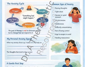 Folha de exercícios para entender a ansiedade | Material educativo sobre ansiedade para imprimir | Habilidades de enfrentamento inspiradas na Terapia Cognitivo-Comportamental | Download digital de saúde mental