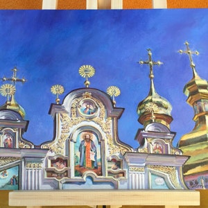 Les coupoles dorées de Kyiv_Le ciel bleu_peinture originale_peinture à l'huile_Kyiv Petchersk Lavra_Ukraine_ Laure de Kyiv-Petchersk_Ukraine