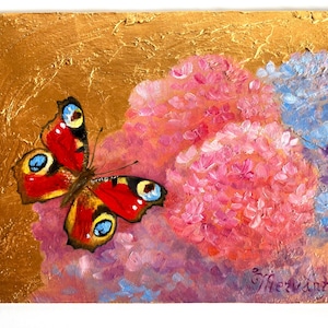 Hortênsia e borboleta _Pintura original_Pinturas a óleo assinadas_Paon-du-jour