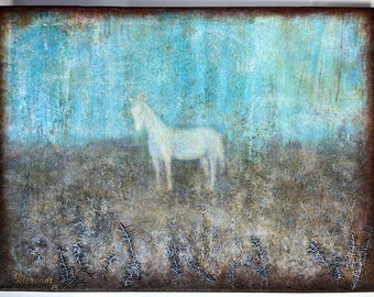 White horse_Acrylic painting_Original painting_Abstract painting_Landscape