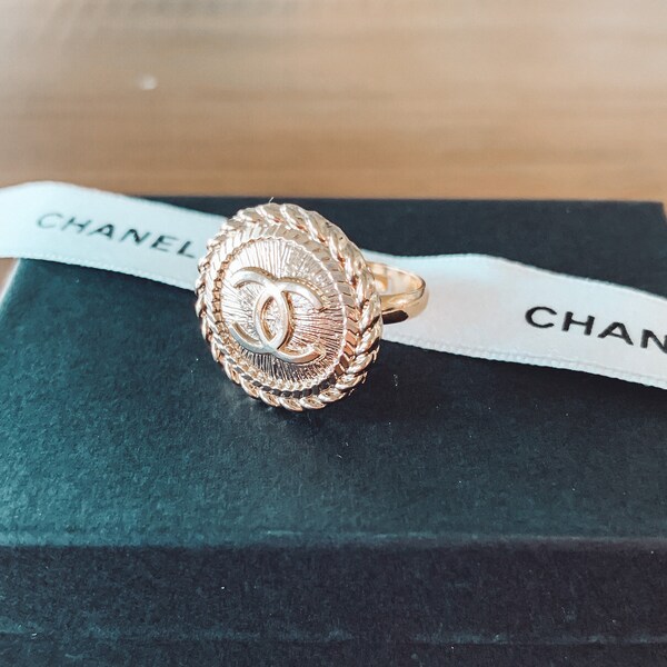 20mm Designer Button Ring - Stamped CC Button Repurposed