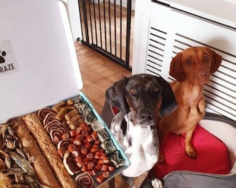 PETISCOS DE CARNE E PEIXE para cães | Caixa de petiscos personalizada ou tábua de petiscos para cães - Perfeita para qualquer ocasião, presente caseiro para enviar pelo correio, petiscos naturais
