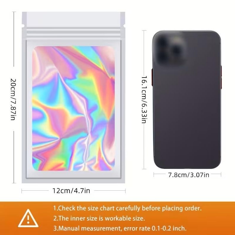 May include: A clear plastic bag with a holographic insert, measuring 20cm x 12cm (7.87in x 4.7in). A black phone is next to the bag, measuring 16.1cm x 7.8cm (6.33in x 3.07in). The bag has a zip closure. Text at the bottom advises to check the size chart.