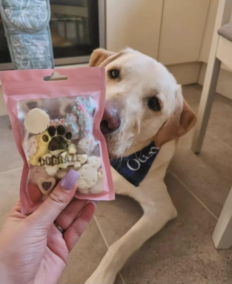 May include: A pink bag of dog treats with the text "DOGRAZE" and a paw print design. The treats are various shapes and colors. A yellow Labrador Retriever dog is in the background.