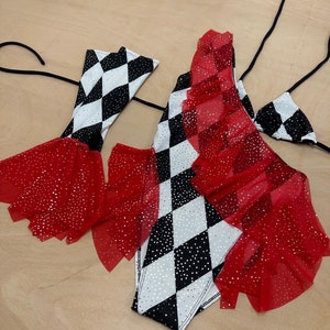 red black clown harlequin diamond print frill bodysuit outfit matching sleeves - handmade 3 piece outfit | festival | rave | halloween