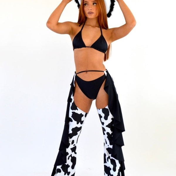 Black cow print frill triangle bra top / black and matching long chaps - handmade 3 piece outfit | festival | rave | cowgirl