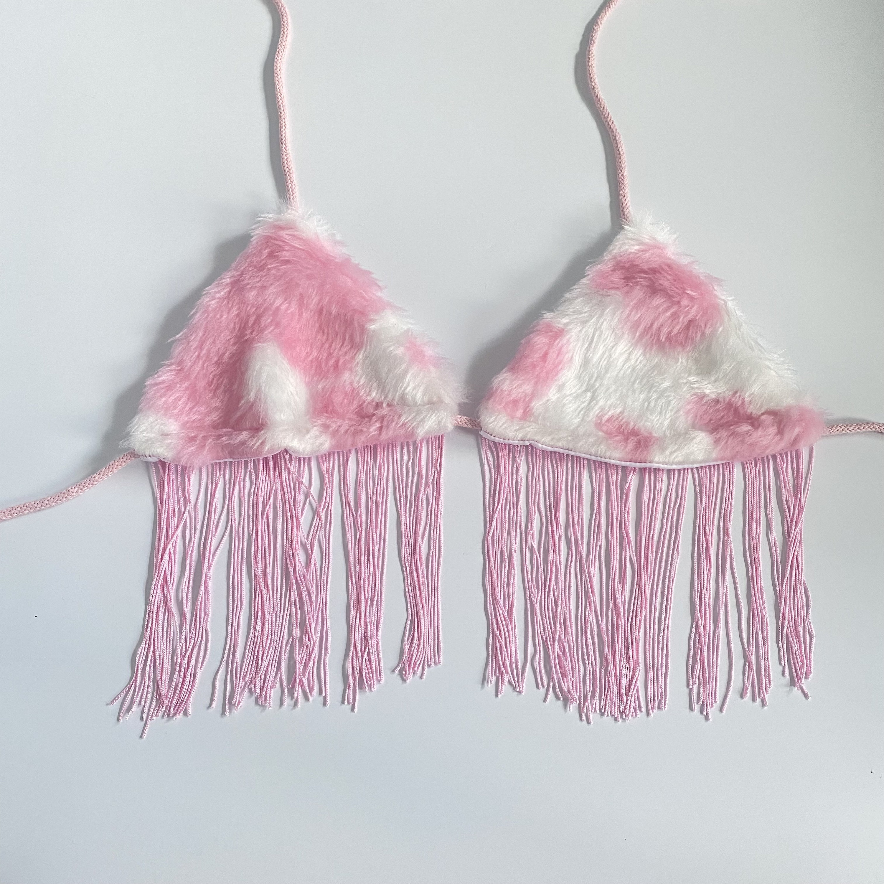 Pink Cow Print Fringe Faux Fur Triangle Bra Top / Halter Top