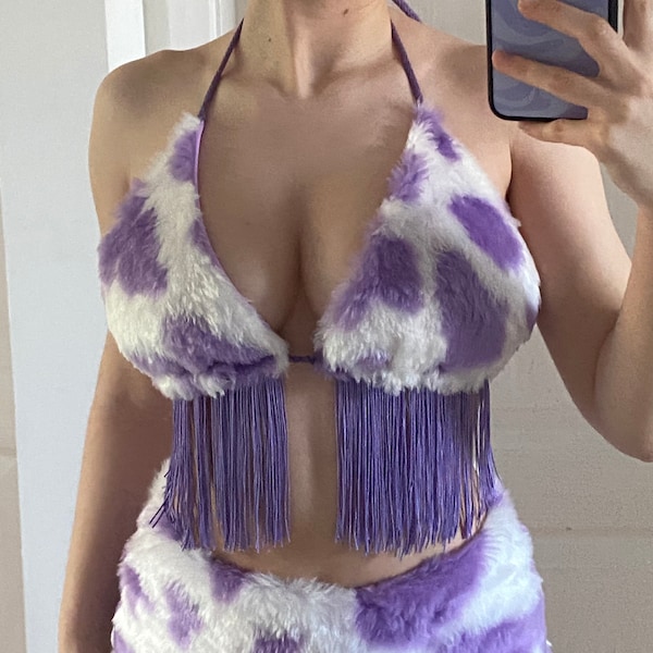 Purple cow print fringe faux fur triangle bra top / halter top - handmade