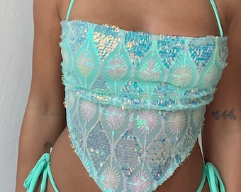 Y2K style halter backless bikini top  - mint green sequin sparkly - handmade | rave festival outfit Ibiza dubai beach club  coachella