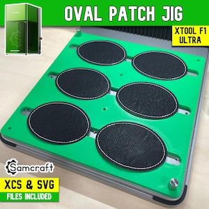 May include: A bright green oval patch jig for the xTool F1 Ultra laser machine. The jig features six oval-shaped cutouts holding black textured patches with white stitched borders. Text on the image includes OVAL PATCH JIG, XTOOL F1 ULTRA, and Samcraft.