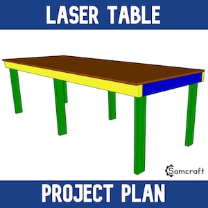 Puede incluir: Un plan de proyecto para una mesa láser con una tapa marrón, un borde amarillo y azul y patas verdes. El plan incluye el texto "LASER TABLE" y "PROJECT PLAN".