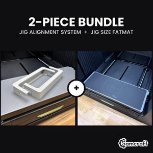 May include: A 2-piece bundle featuring a light gray jig alignment system and a black jig size fatmat. The text 2-PIECE BUNDLE JIG ALIGNMENT SYSTEM + JIG SIZE FATMAT is displayed at the top, and the Samcraft logo is in the bottom right corner.