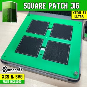 May include: A bright green square patch jig for the xTool F1 Ultra laser machine. The jig features four square cutouts containing black leather patches with white stitching. The text "SQUARE PATCH JIG", "XTOOL F1 ULTRA", and "Samcraft XCS & SVG FILES INCLUDED" is visible.