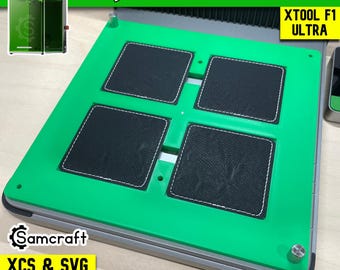 May include: A bright green square patch jig for the xTool F1 Ultra laser machine. The jig features four square cutouts containing black leather patches with white stitching. The text "SQUARE PATCH JIG", "XTOOL F1 ULTRA", and "Samcraft XCS & SVG FILES INCLUDED" is visible.