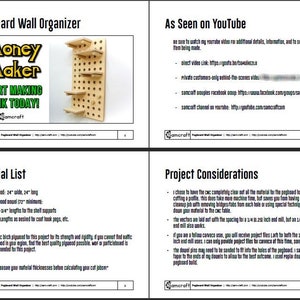 May include: A guide to building a pegboard wall organizer, titled "Pegboard Wall Organizer" and "Money Maker: Start Making Bank Today!" with a list of materials and project considerations. The image shows a finished pegboard wall organizer with shelves.
