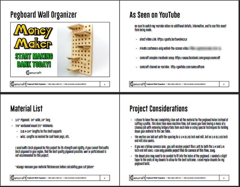 May include: A guide to building a pegboard wall organizer, titled "Pegboard Wall Organizer" and "Money Maker: Start Making Bank Today!" with a list of materials and project considerations. The image shows a finished pegboard wall organizer with shelves.