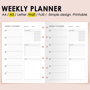 May include: A printable weekly planner template featuring two side-by-side pages with black text on a white background. Each page includes sections for daily habits, a to-do list, and notes, with six circular punch holes along the center spine.