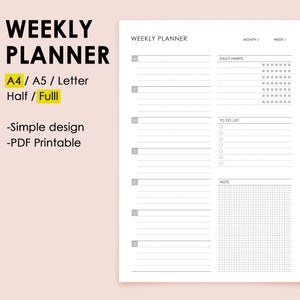 May include: A white weekly planner page with black text and lines. The layout includes sections for days of the week, daily habits with checkboxes, a to-do list with checkboxes, and a grid-lined note section. Text includes WEEKLY PLANNER, MONTH, WEEK.