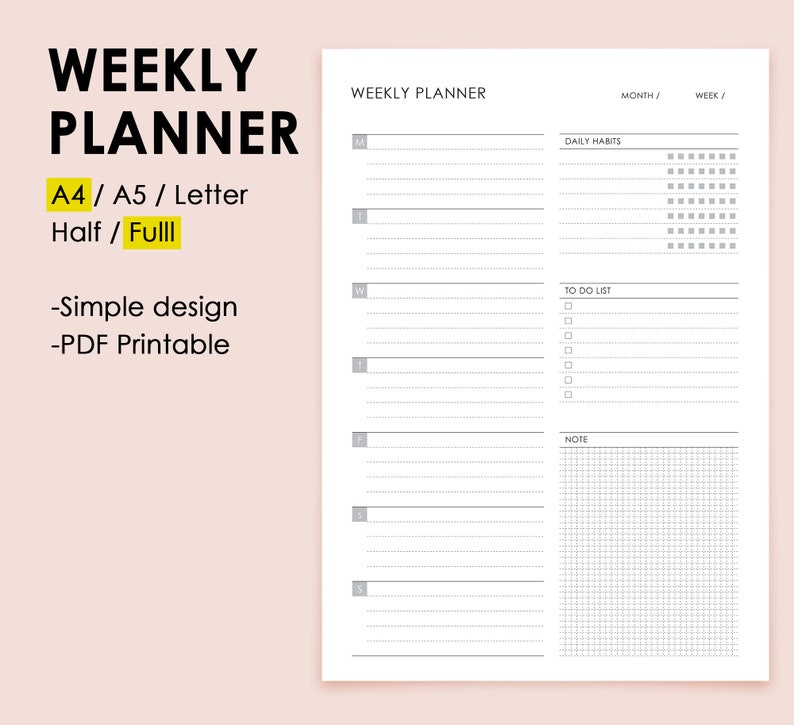 May include: A white weekly planner page with black text and lines. The layout includes sections for days of the week, daily habits with checkboxes, a to-do list with checkboxes, and a grid-lined note section. Text includes WEEKLY PLANNER, MONTH, WEEK.