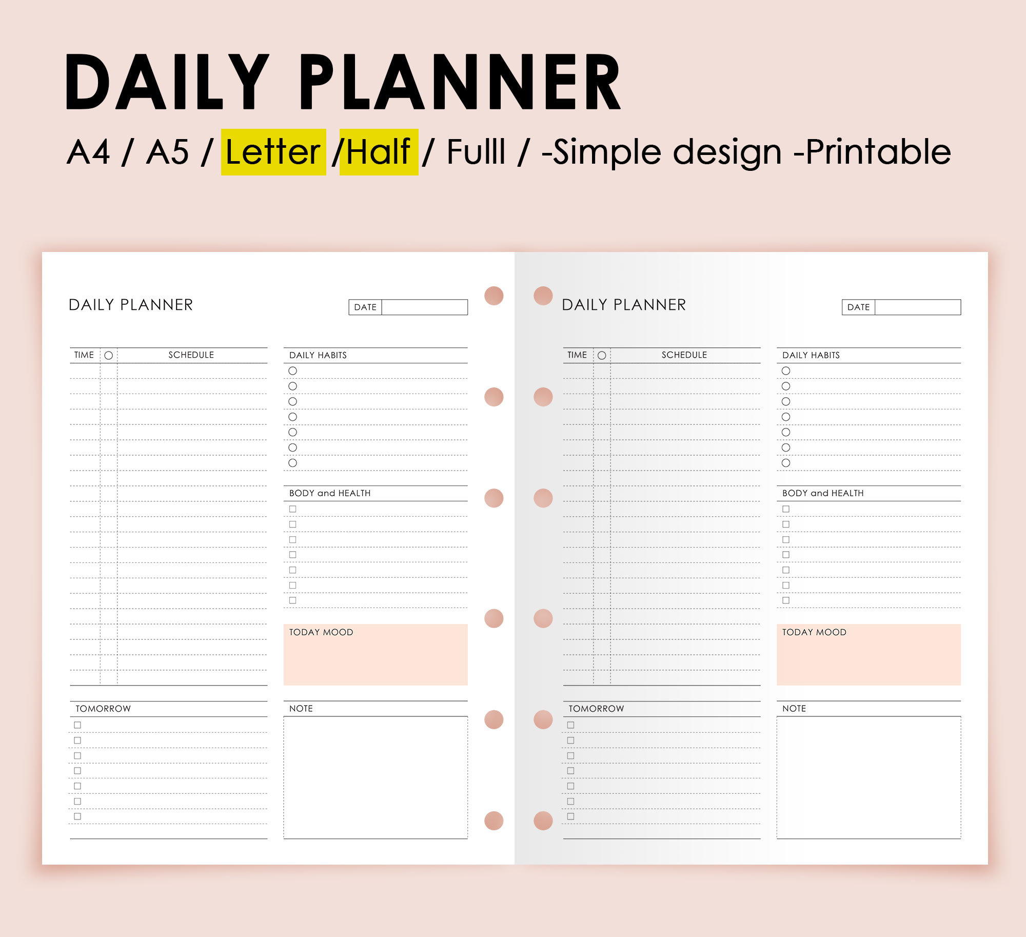 Daily Printable Digital Planner, Various Size, Undated PDF File, Self