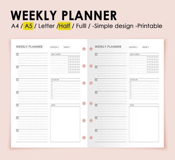 Printable Digital Planner, Weekly Undated Scheduler Simple design Week on Two Pages or One  A5 / A4 / Letter Half Size PDF, modern, abstract