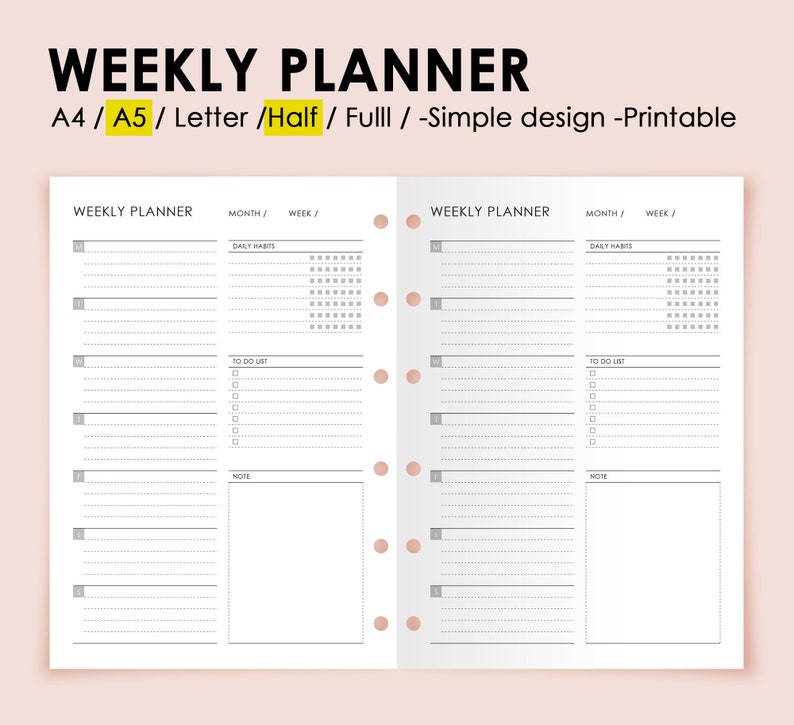 May include: A printable weekly planner template featuring two side-by-side pages with black text on a white background. Each page includes sections for daily habits, a to-do list, and notes, with six circular punch holes along the center spine.