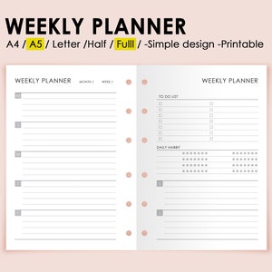 May include: A printable weekly planner template with a simple black and white design. The layout features sections for days of the week, a to-do list with checkboxes, and a daily habit tracker. The pages include punched holes for binding.
