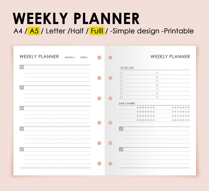 May include: A printable weekly planner template with a simple black and white design. The layout features sections for days of the week, a to-do list with checkboxes, and a daily habit tracker. The pages include punched holes for binding.