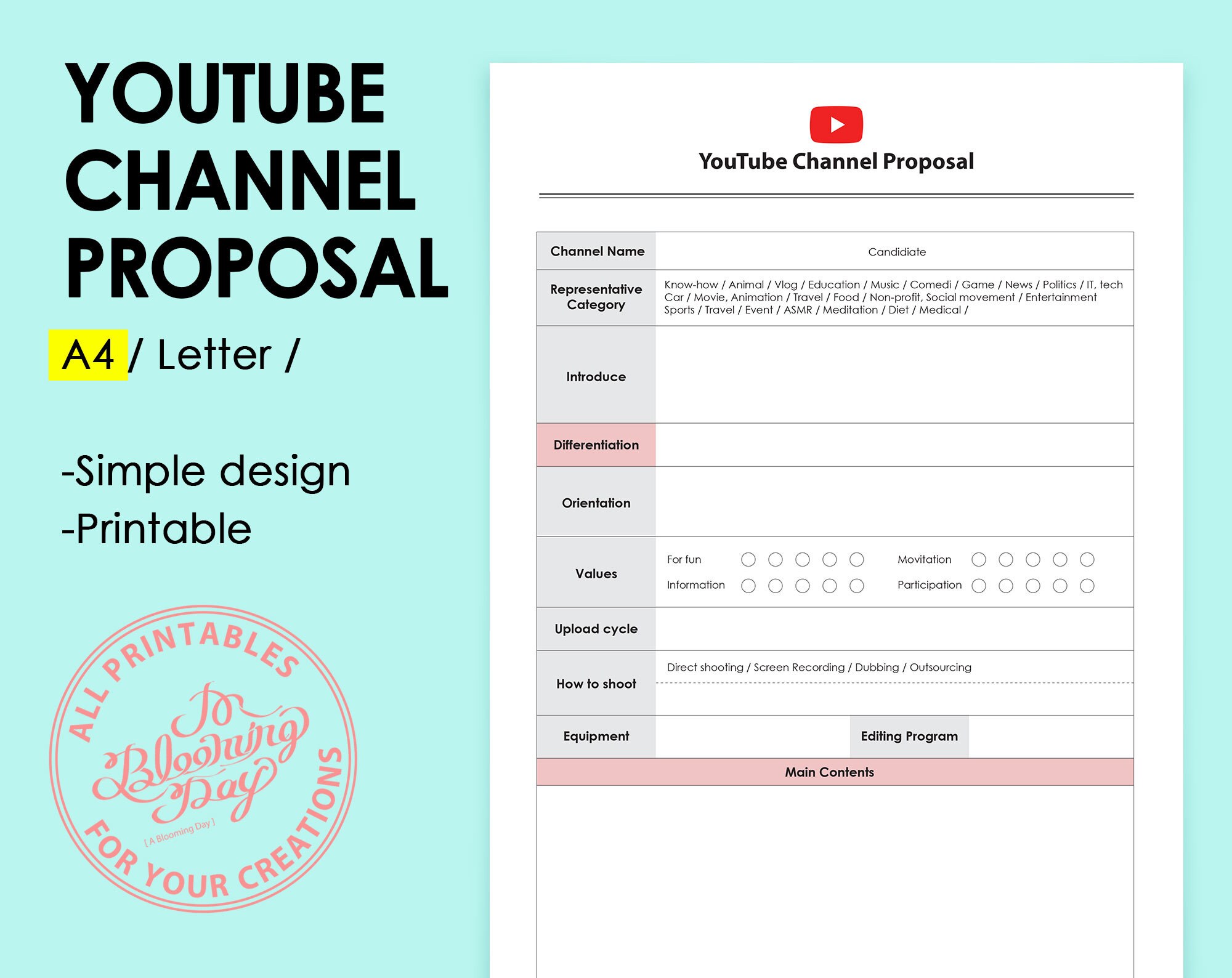 Youtube Proposal Planner A4 Letter Size Simple Design PDF | Etsy