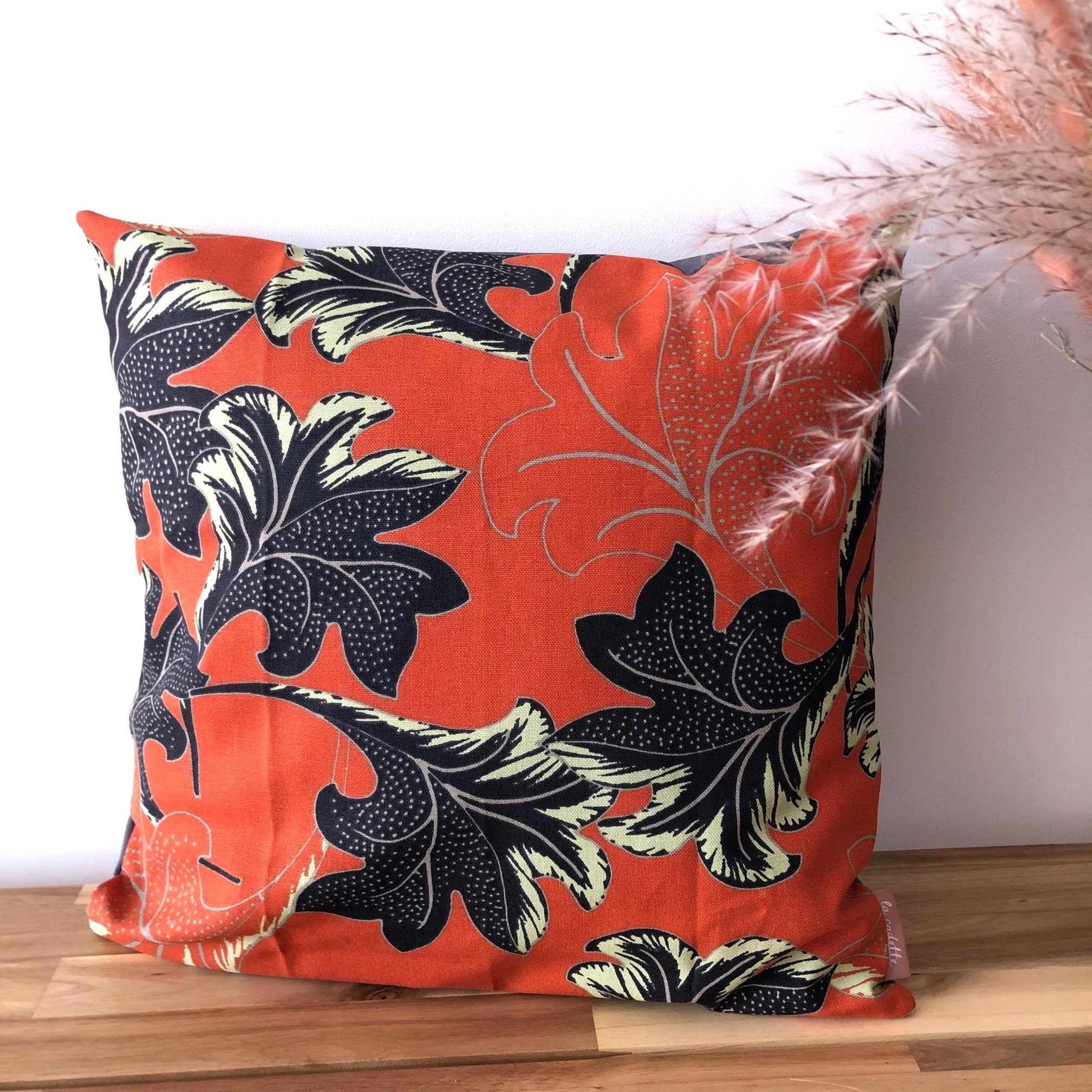 Housse de Coussin Coton Épais Orange et Noir Motifs Feuilles/Sergé Oeko-Tex Décoration Intérieure Ma