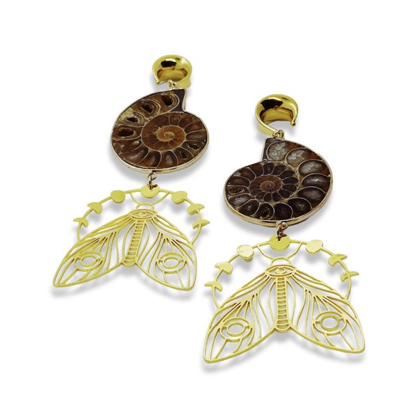 Ammonite Fossil and Lunar Celestial Moth | Gauges Jewelry | Ear Hangers & Weights | Stretched Ears | Crystal | Hook 8 12 16 mm 0G 1/2" 5/8"