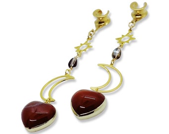 Agate Heart and Crescent Moon | Gauges Jewelry | Ear Hangers & Weights | Stretched Ears | Crystal Gemstone | 6 - 30 mm / 2G - 1.18”
