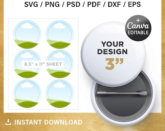 Plantilla de pin de botón de 3 pulgadas, para sublimación, para cortar, bricolaje, plantilla en blanco, Canva, Cricut, SVG, PNG, PSD, descarga instantánea