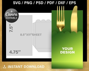 Scalloped  Cutlery Pouch Template, set, cutlery holder svg, editable, cutlery paper blank template, DIY, png, Canva, instant download