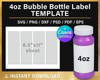 Bubble fles labelsjabloon, 4oz, BLANK sjabloon, 6,55x2,25 inch, DIY, feestversieringen, svg, png, psd, Canva, Cricut, instant download