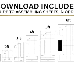 May include: A guide to assembling sheets in order to create a large number one. The guide includes six different sizes of the number one, ranging from 1 foot to 6 feet.