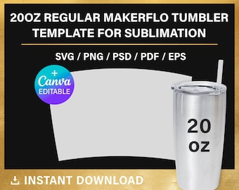 May include: A 20 ounce stainless steel tumbler with a silver finish and a black lid. The tumbler has a white background with the text "20 OZ" printed on it. The image also includes a white curved shape with the text "Canva Editable" in a blue and purple circle.