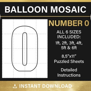 Mosaic from balloons, zero number template, mosaic numbers, tall, number 0, 1ft, 2ft, 3ft, 4ft, 5ft, 6ft, all sizes, PDF, instant download