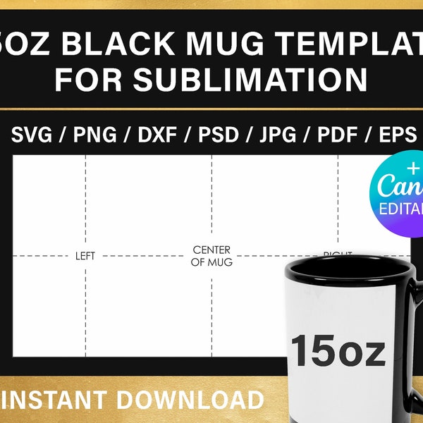15oz black mug BLANK template for sublimation, Full Wrap, black handle, black imprintable, DIY, Canva, Cricut, svg, png, instant download