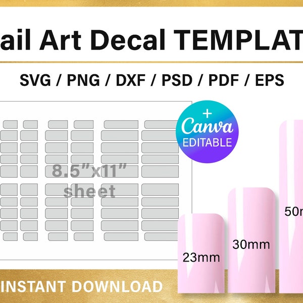 Short square nail BLANK template, 3 sizes, nail art decal, custom wrap, nail template SVG, png, Canva, Cricut, printable, instant download