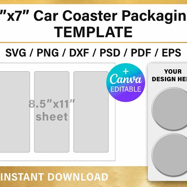 Car cup coaster package, svg, BLANK template, car coaster display card, 2pcs, Cricut, Canva, 3x7 inches, instant download